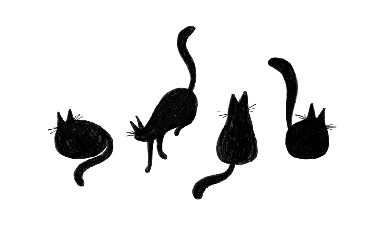 Four black cats, illustration by Shawna Mercano